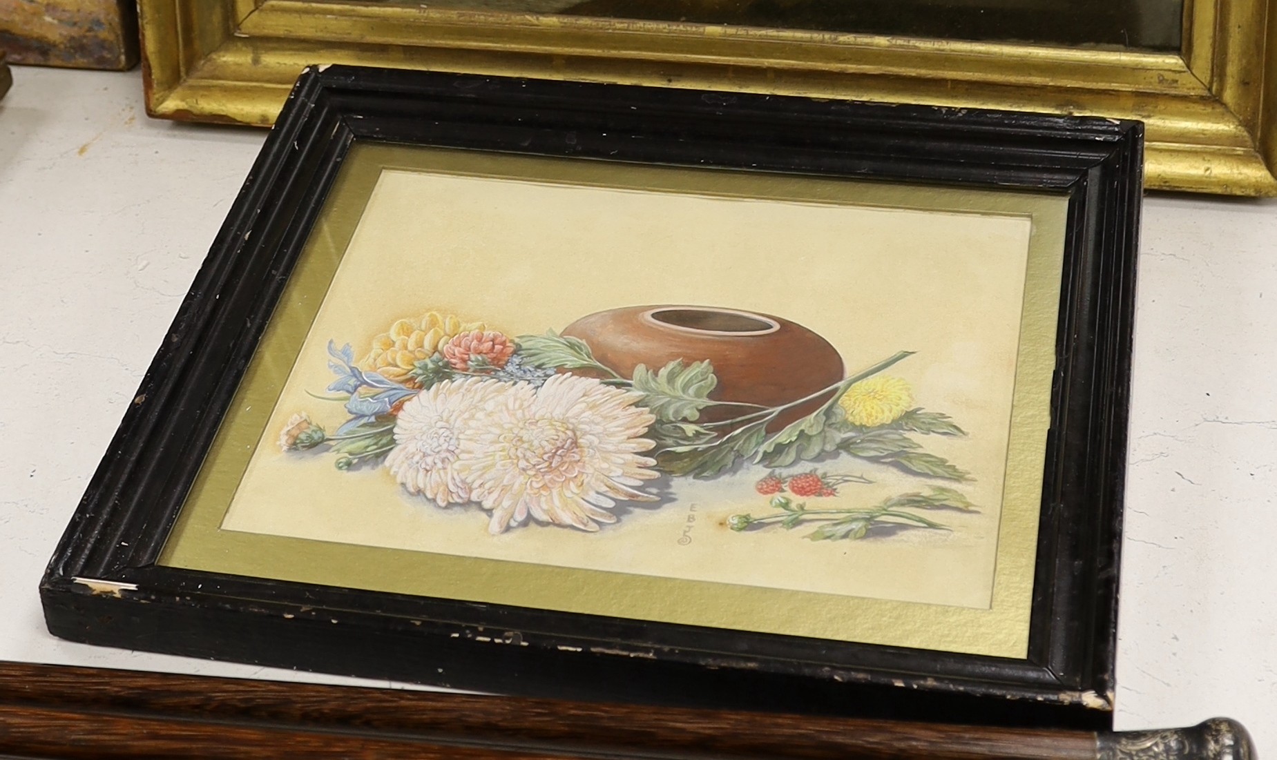 E.B.J, circa 1900 watercolour, Still life of chrysanthemums and vase, initialled, 21 x 28cm